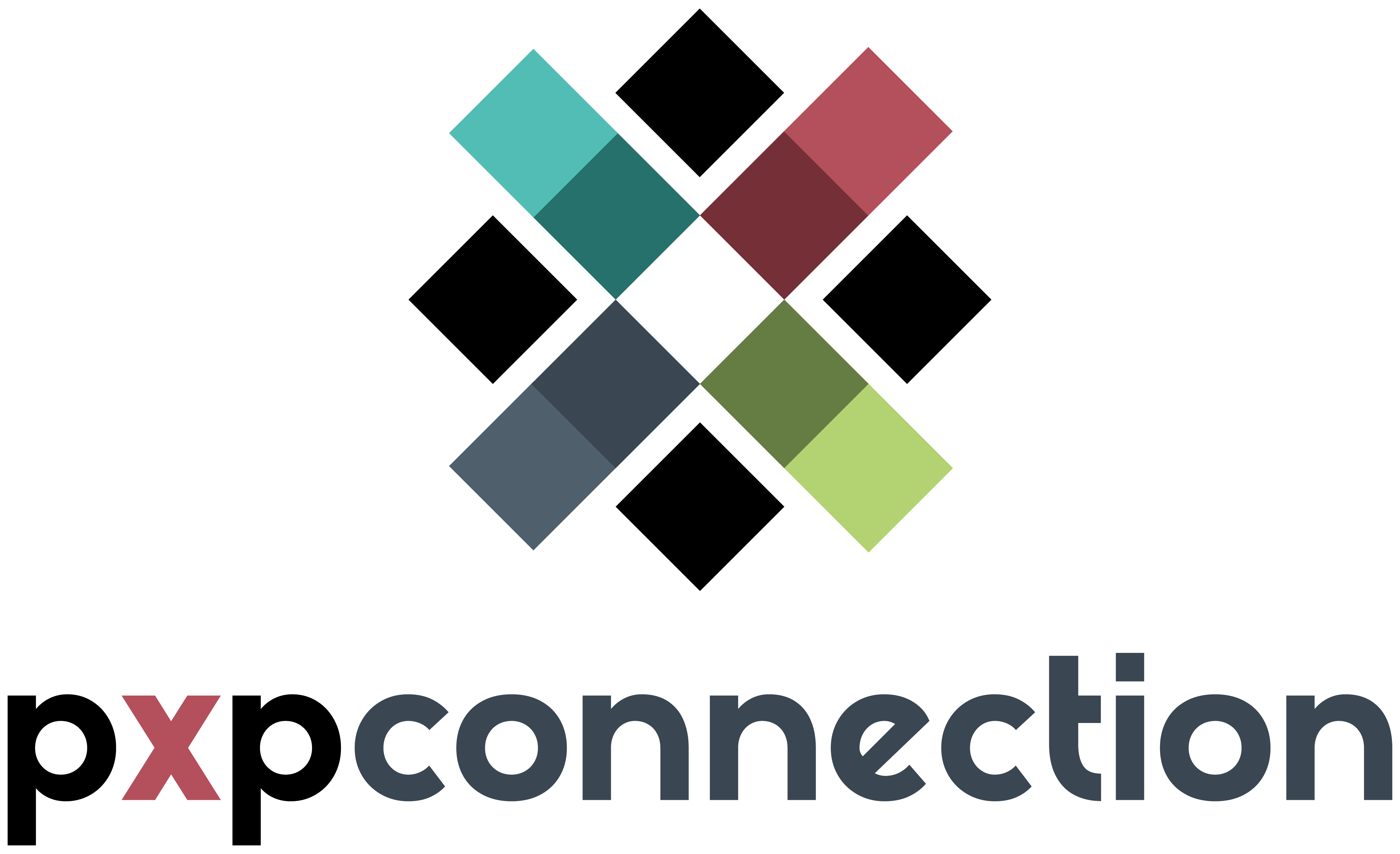 Logotipo estilizado da PXP Connection com um "X" composto por quatro losangos coloridos e o nome da empresa em tipografia moderna.